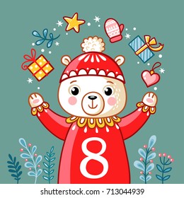 Vector Christmas advent calendar in children's style. Christmas polar bear juggles with gifts. Cute illustration with animals.