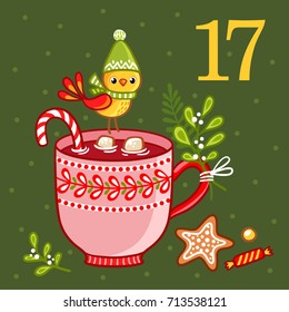 Vector Christmas advent calendar in children's style. Cute bird in winter hat sits on cup of hot chocolate. Illustration with a drink.