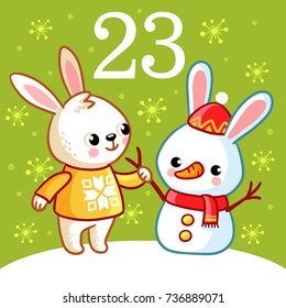 Vector christmas advent calendar in children's style. Cute bunny and snowman.