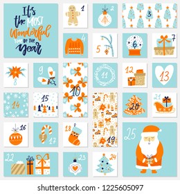 Vector Christmas Advent Calendar with hand drawn festive elements in bright colors. Holiday posters. It's the most wonderful time of the year