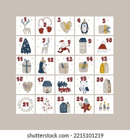 Vector Christmas advent calendar with hand drawn design elements Printables scandinavian set.
