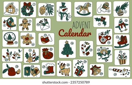 Vector calendario de anticipo navideño en estilo retro. Colección de ilustraciones vectoriales con animales. Fotos de Navidad con elementos festivos durante 31 días. Elementos enmarcados