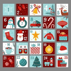 Vector Christmas Advent Calendar With Santa Claus, Snowman, Candies, Gifts, Christmas Tree, Decorative Balls. Countdown Holiday Calendar. December Dates Festive Event Xmas.