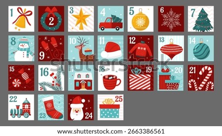 Vector Christmas advent calendar with Santa Claus, snowman, candies, gifts, christmas tree, decorative balls. Countdown holiday calendar. December dates festive event xmas.