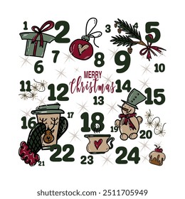 Calendário de advento de Natal vetor com boneco de neve, presentes, árvore de Natal, bolas decorativas. Contagem regressiva do calendário de férias em fundo branco
