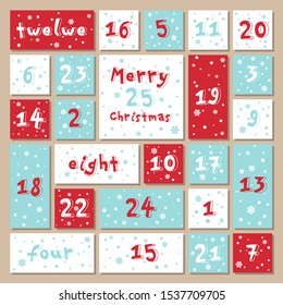 Vector Christmas advent calendar. Winter holidays poster with dates. Cute decoration xmas day celebration.