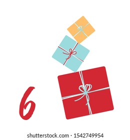 Vector Christmas advent calendar. Winter holidays poster with date 6 december. Cute day decoration. Gift Mountain.