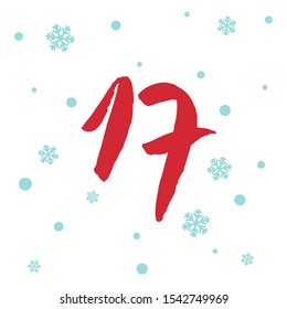 Vector Christmas advent calendar. Winter holidays poster with date 17 december. Cute day decoration. Snowflake background.