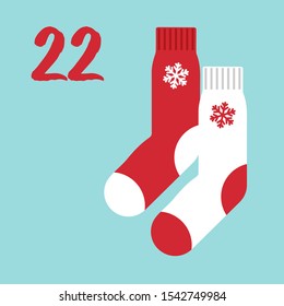 Vector Christmas advent calendar. Winter holidays poster with date 22 december. Cute day decoration. New Year socks.