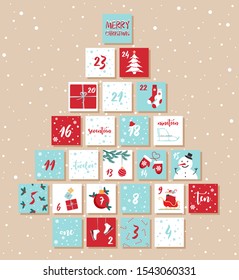 Vector Christmas advent calendar. Winter holidays poster with dates. Cute decoration xmas day celebration.
