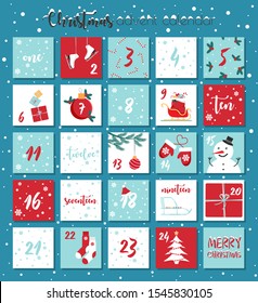 Vector Christmas advent calendar. Winter holidays poster with dates. Cute decoration xmas day celebration.