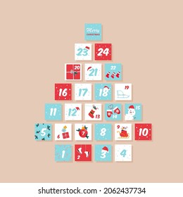 Vector Christmas advent calendar. Winter holidays poster with dates. Cute decoration xmas day celebration.	