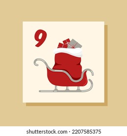 Vector Christmas advent calendar. Winter holidays poster with date 9 of december. Santa Claus sleigh with gifts. New Year