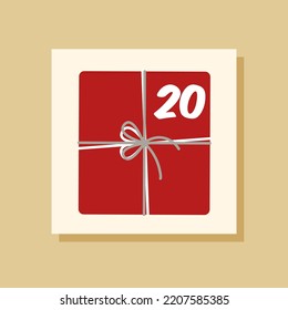 Vector Christmas advent calendar. Winter holidays poster with date 20 of december. New Year gift in festive red packaging.