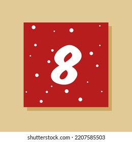 Calendario de envío de navidad vectorial. Afiche de feriados de invierno con fecha 8 de diciembre. Decoración de un día agradable. Fondo del copo de nieve. Año Nuevo.