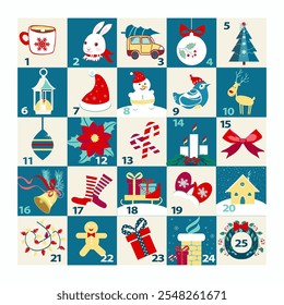 vector christmas advent calendar in winter holiday colors with christmas tree, house, snowman, candles, 