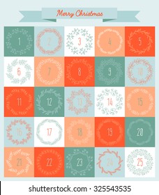 Vector Christmas advent calendar with wreaths in red and blue colors