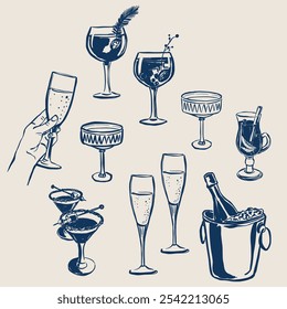 Vector Christmas alcohol set of cocktails. Hand-drawn vintage collection isolated on beige background. Illustration for design, print, fabric or background.