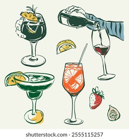 Vector Christmas alcohol set of cocktails. Hand-drawn drink objects and elements: wineglass, bottles and fruits isolated on beige background. Illustration for design, print, fabric or background.