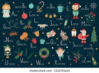 Vector Christmas alphabet for children. Cute flat ABC with new year symbols. Horizontal layout funny poster for teaching reading on white background