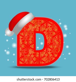 Vector christmas alphabet letter D with santa hat and gold snowflakes on blue snow background. New Year winter snow lettering