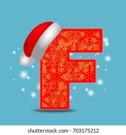 Vector christmas alphabet letter F with santa hat and gold snowflakes on blue snow background. New Year winter snow lettering