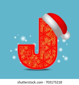 Vector christmas alphabet letter J with santa hat and gold snowflakes on blue snow background. New Year winter snow lettering