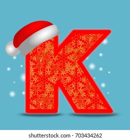 Vector christmas alphabet letter K with santa hat and gold snowflakes on blue snow background. New Year winter snow lettering