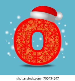 Vector christmas alphabet letter O with santa hat and gold snowflakes on blue snow background. New Year winter snow lettering