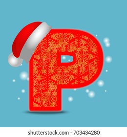 Vector christmas alphabet letter P with santa hat and gold snowflakes on blue snow background. New Year winter snow lettering