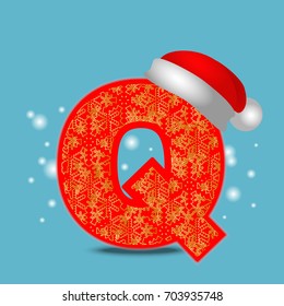 Vector christmas alphabet letter Q with santa hat and gold snowflakes on blue snow background. New Year winter snow lettering