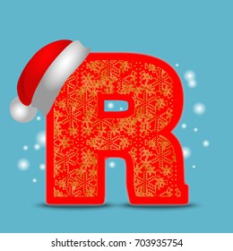 Vector christmas alphabet letter R with santa hat and gold snowflakes on blue snow background. New Year winter snow lettering
