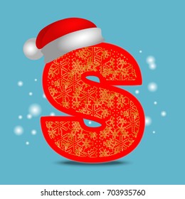 Vector christmas alphabet letter S with santa hat and gold snowflakes on blue snow background. New Year winter snow lettering