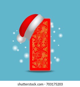 Vector christmas alphabet letter I with santa hat and gold snowflakes on blue snow background. New Year winter snow lettering