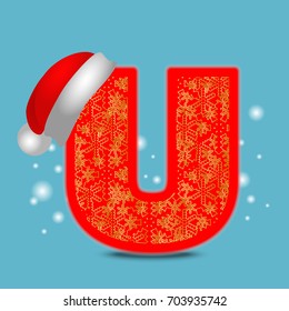 Vector christmas alphabet letter U with santa hat and gold snowflakes on blue snow background. New Year winter snow lettering