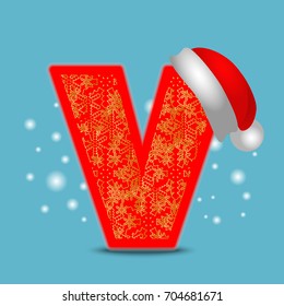 Vector christmas alphabet letter V with santa hat and gold snowflakes on blue snow background. New Year winter snow lettering