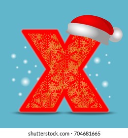 Vector christmas alphabet letter X with santa hat and gold snowflakes on blue snow background. New Year winter snow lettering