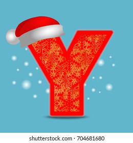 Vector christmas alphabet letter Y with santa hat and gold snowflakes on blue snow background. New Year winter snow lettering