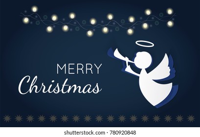 Vector christmas angel. Paper carving silhouette. Happy new year card. Hand-made angel on blue background.Paper christmas symbol and icon. Decoration design.Festive template. Mock-up for your design