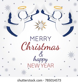 Vector christmas angels. Paper carving silhouette. Happy new year card. Hand-made angel on white background.Paper christmas symbol and icon. Decoration design.Festive template. Mock-up for your design