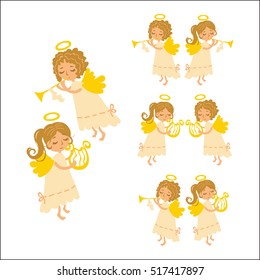 Vector Christmas angels playing musical instruments. Muse angel with a harp and curly angel - Cupid with a pipe in a white dress