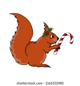 Vector christmas animal illustration. Squirrel with christmas attributes.  Cartoon flat style