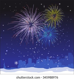 Vector Christmas ans New Year  New York background with fireworks and snow