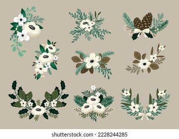 Vector Christmas arrangements collection with winter botanical