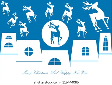 vector christmas backdrop design with flying reindeer silhouettes, houses and full moon in white and blue colors