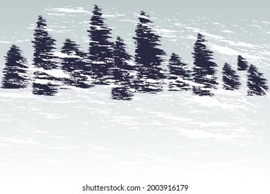 Vector. Christmas background for advertising and typographic products (brochures, banners, postcards, covers, flyers, packaging). Snowfall in the winter forest, silhouettes of trees in the snow.