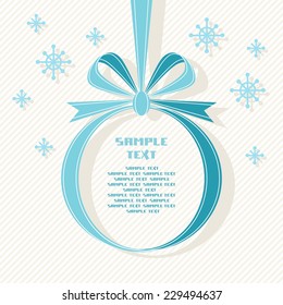 Vector Christmas background with ball of ribbon. Original decoration with text box. Invitation, greeting card template. Blue illustration for print, web