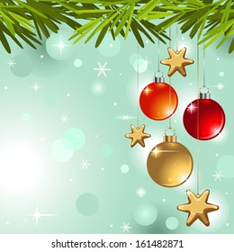 vector Christmas background with balls, stars and pine branch