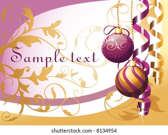 vector christmas background with baubles and curly ribbon