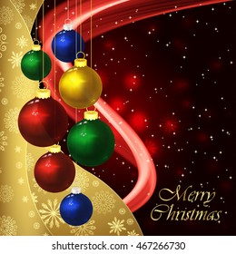 Vector christmas background with baubles on a dark red.
